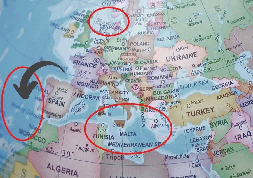 Karte die zeigt, dass Arielle vielleicht in der Nähe von Portugal spielt
