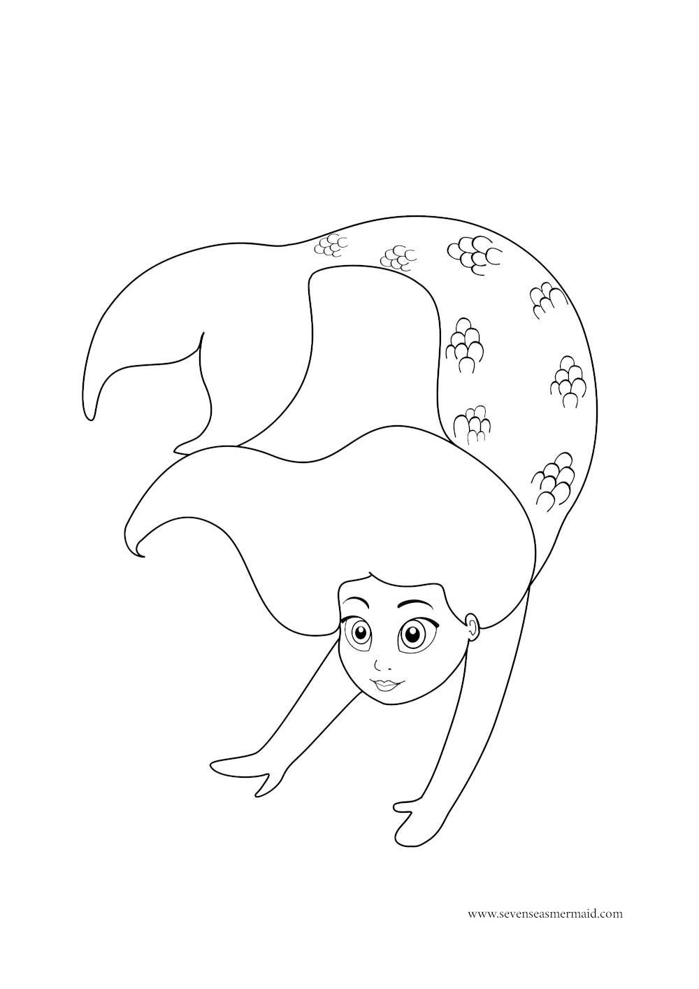 Ausmalbild von kleiner Meerjungfrau die schwimmt